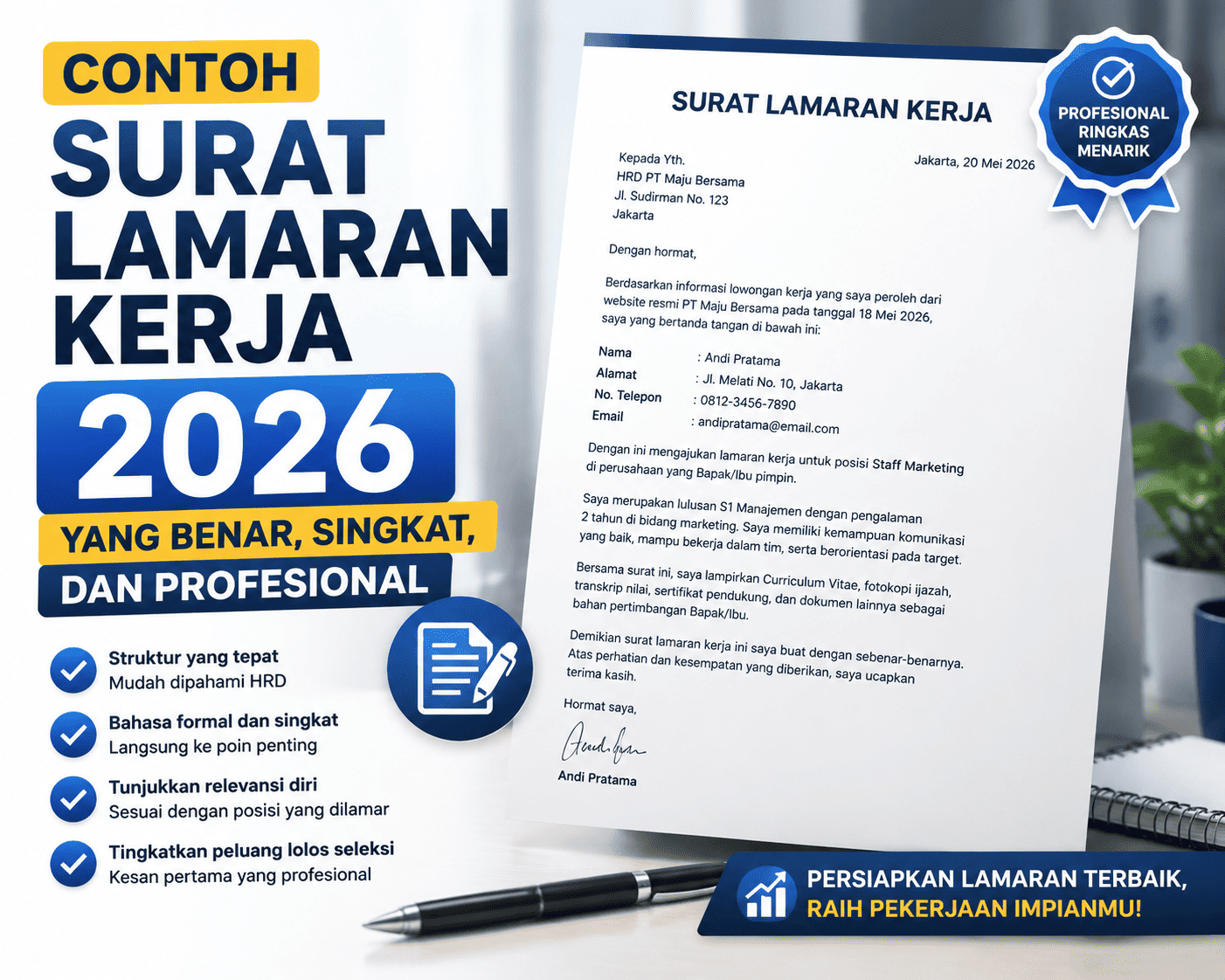 Contoh Surat Lamaran Kerja 2026 yang Benar, Singkat, dan Profesional